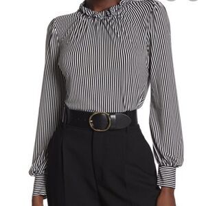 Adrianna Papell striped ruffle neck top small